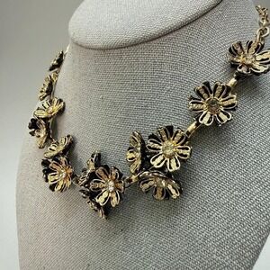 Vintage Black Enamel Flower Gold Tone Choker Necklace 14" Adjustable Rhinestones